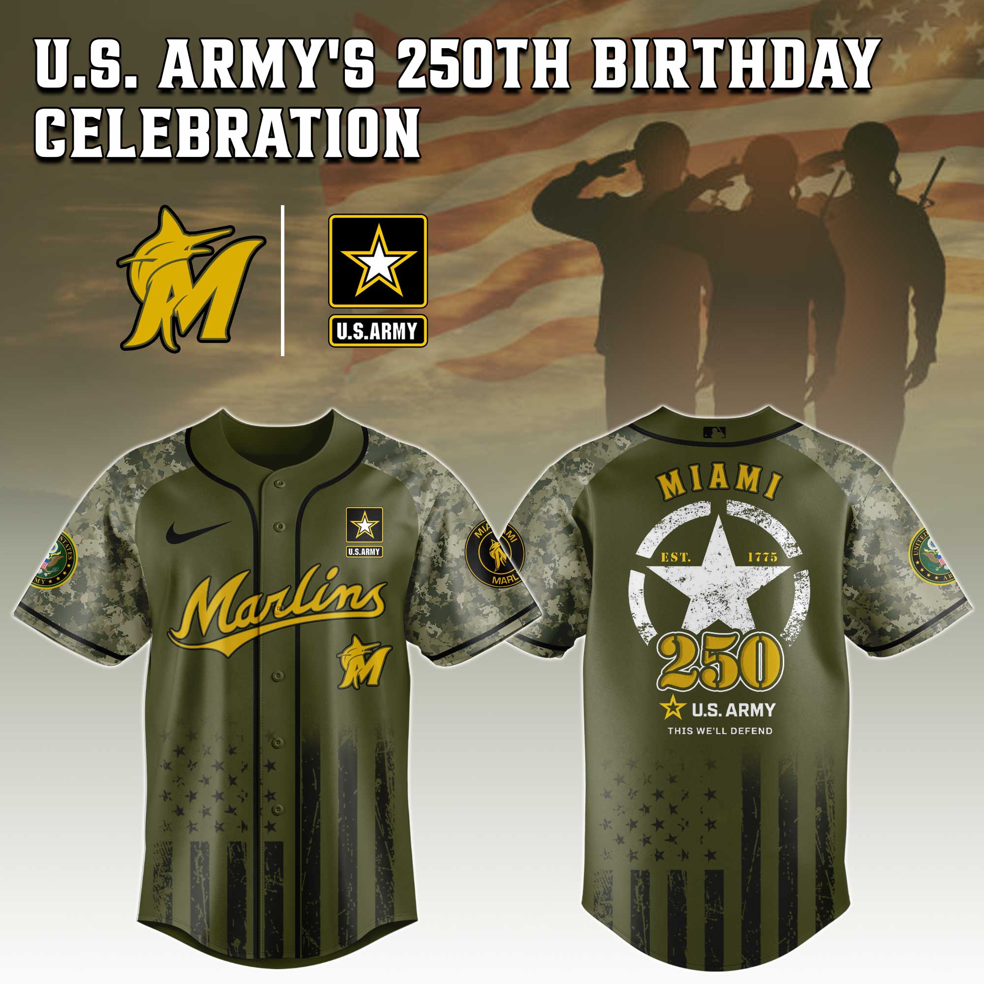Miami Marlins MLB 250th anniversary US Army Jersey 
